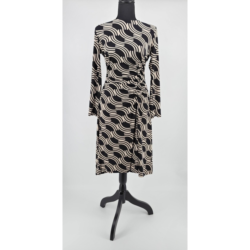 Clover and Sloane Black Tan Geometric Wave Ruched Midi Dress Womens Size 8